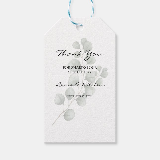 Grey Eucalyptus Lövs Wedding Favor Tack Presentetikett (Framsidan)