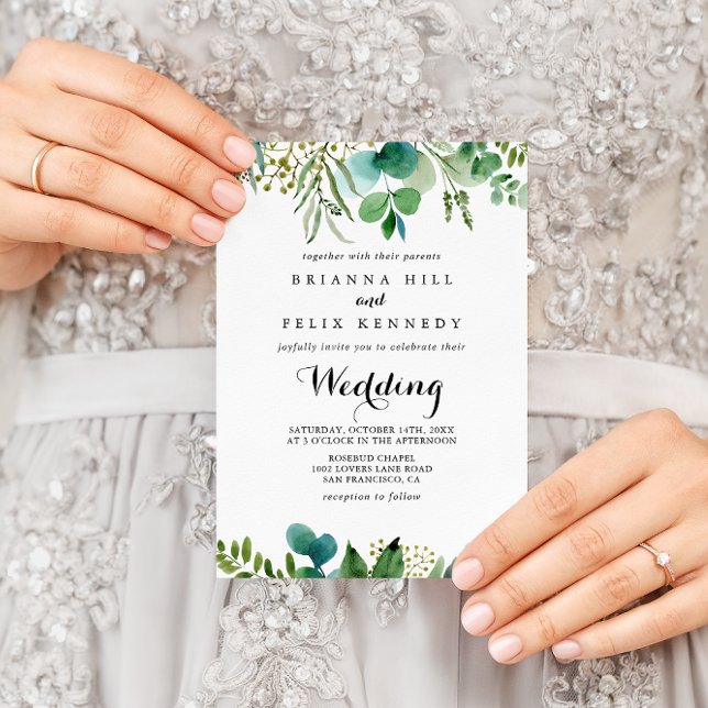 Grey Eucalyptus Modern Calligraphy Bröllop Inbjudningar (Skapare uppladdad)