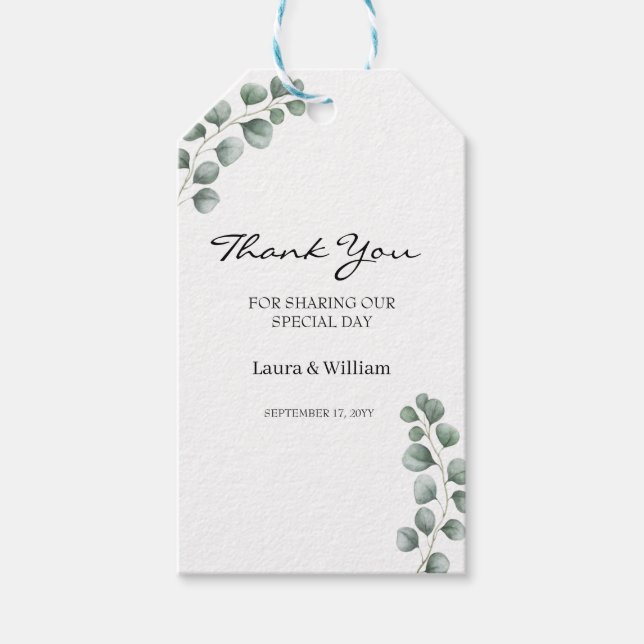 Grey Eucalyptus Wedding Favor Tack Presentetikett (Framsidan)