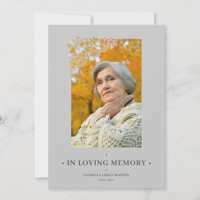 Grey Floral Frame Elegant Photo Funeral Invitation (Framsida)