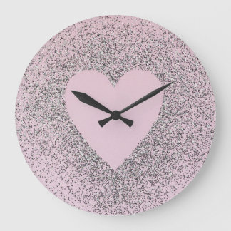 Grey Glitter Canvas Art with Pink Heart Stor Klocka