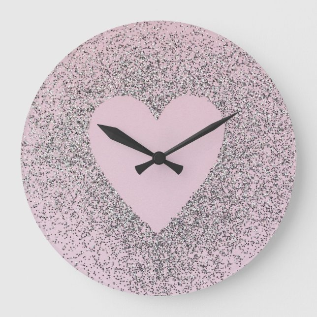 Grey Glitter Canvas Art with Pink Heart Stor Klocka (Framsida)