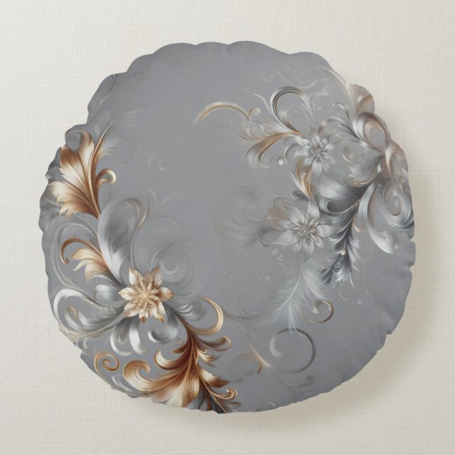 Grey, Gold and Silver Luxe Round Pillow Rund Kudde (Framsidan)