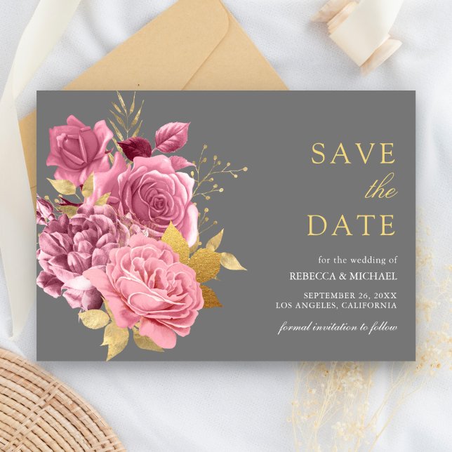 Grey Gold Dusty Mauve Pink Floral Wedding Spara Datumet (Skapare uppladdad)