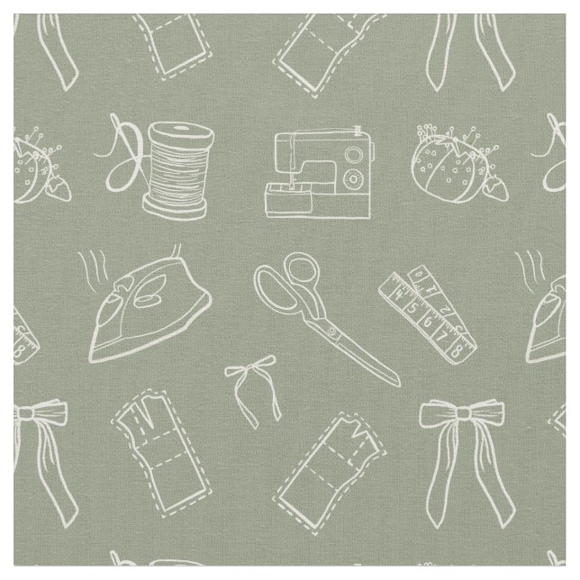 Grey Green Sewing Themed Pattern Tyg (Närbild)