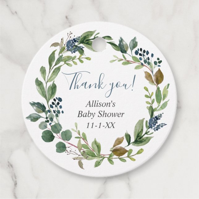 Grey grönt löv dammblått blommigt botaniskt gåvor etiketter (Framsida)