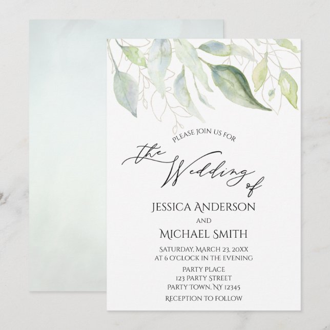 Grey Guld Botanical Löv Bröllop Card Inbjudningar (Fram/baksida)
