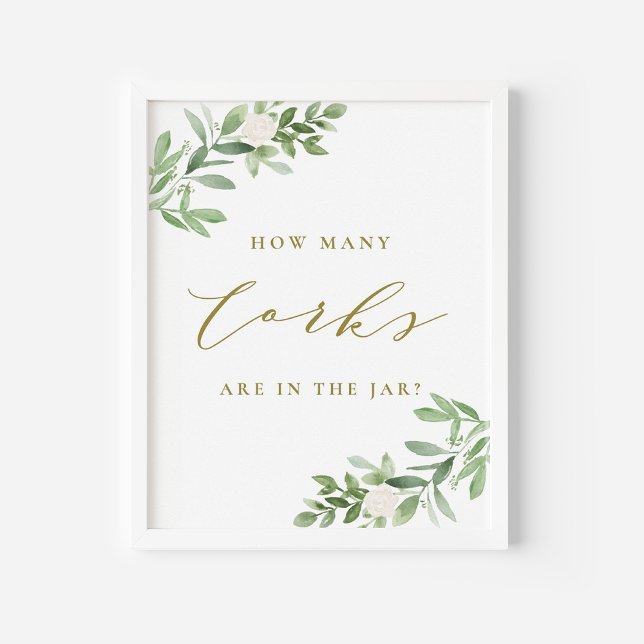 Grey Guld hur många Kork som finns i spelet Burk Poster (Greenery Cork Guessing Game Sign | Watercolor Corks in a Jar Game for Showers and Parties)