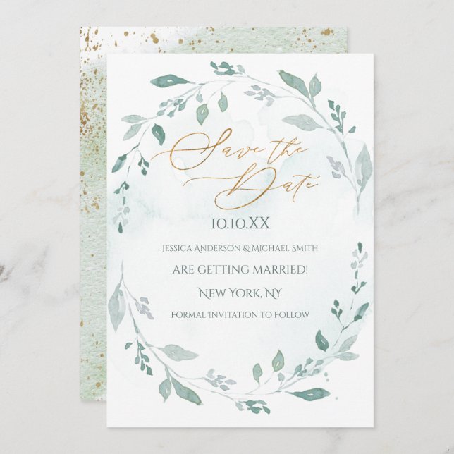 Grey Guld Watercolor Spara datum Inbjudningar (Fram/baksida)