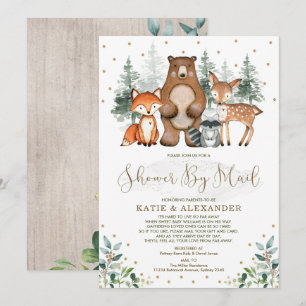 Grey Guld Woodland Animals Baby Shower by Mail Inbjudningar