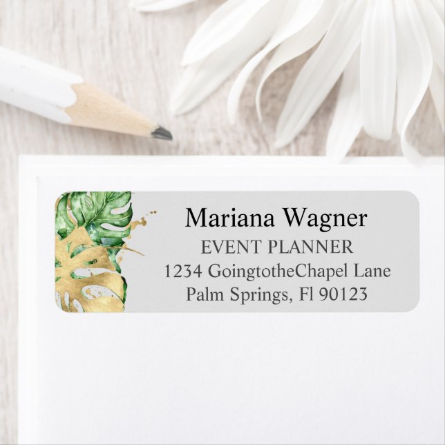 Grey Handflatan Lämnar Guld på Sand Business Returadress Etikett (Insitu)