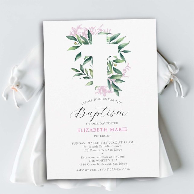 Grey Kor Rosa Botanical Flicka Baptism Inbjudningar (baby girl baptism invitation christening botanical greenery white cross pink floral elegant modern)