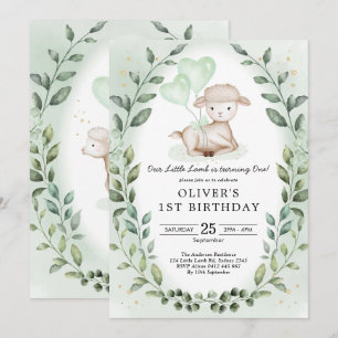Grey Lamb 1:a födelsedagen Baby får Party Inbjudningar