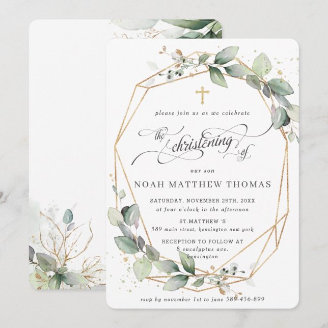 Grey Leafy Foliage Christening Geometric Inbjudningar (Fram/baksida)