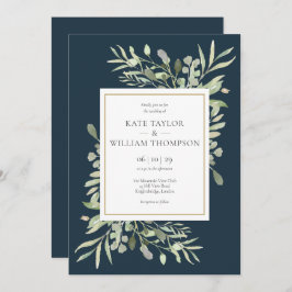 Grey Löv Deep Sea Blue Guld Bröllop Inbjudningar