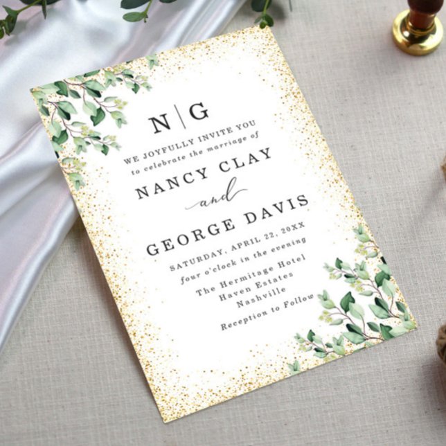 Grey Löv Guld Glitter Monogram Bröllop Inbjudningar (Skapare uppladdad)