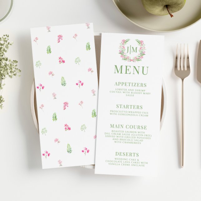 Grey Löv Rosa Flowers Monogram Bröllop Menu (Skapare uppladdad)