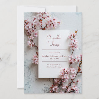 Grey Marble Pink Sakura Botanical Frame Wedding Inbjudningar