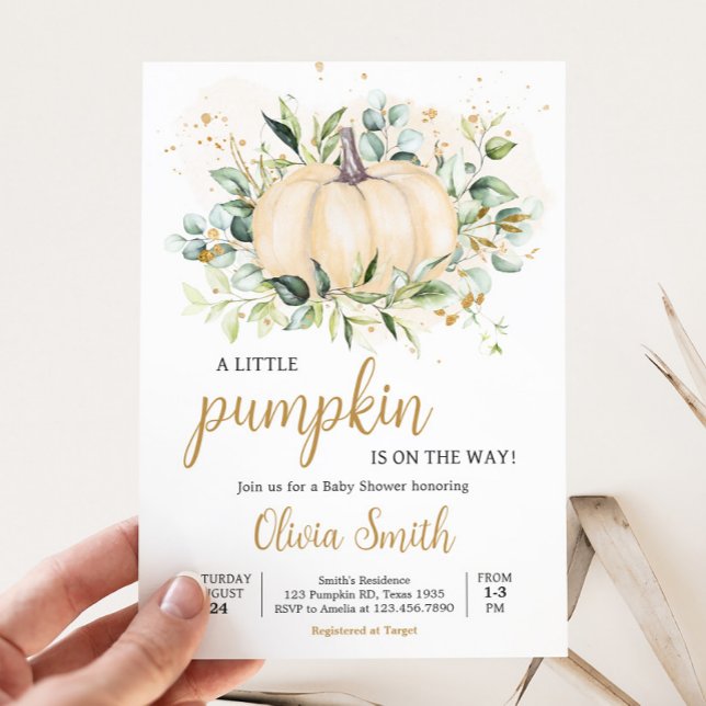 Grey Minimalist Pumpkin Baby Shower Inbjudningar (Greenery Gold Pumpkin Invitation
)