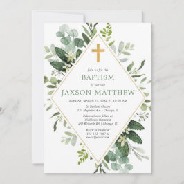 Grey modern eukalyptus grönt guld baptism inbjudningar