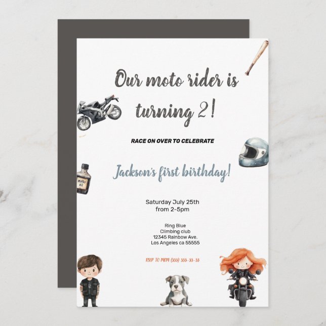 GREY MOTO RIDERS BIRTHDAY PARTY INVITATION INBJUDNINGAR (Fram/baksida)
