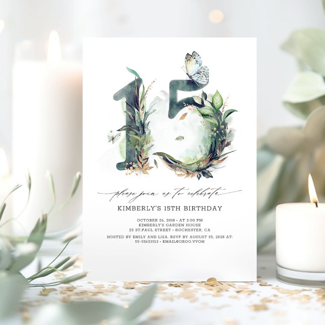Grey och Guld 15:e födelsedagsinbjudan Inbjudningar (Greenery 15th Birthday Invitations )
