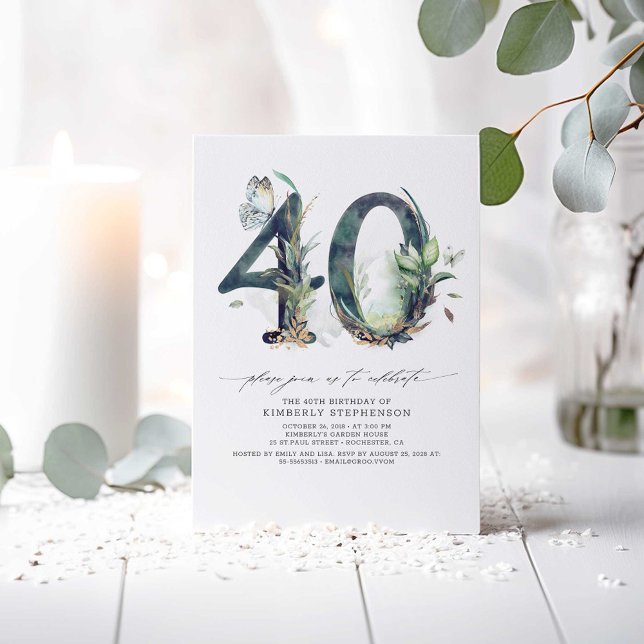 Grey och Guld 40:e födelsedagsinbjudan Inbjudningar (Greenery 40th Birthday Invitations)