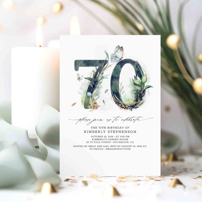 Grey och Guld 70:e födelsedagsinbjudan Inbjudningar (70th birthday invitations with beautiful greenery)