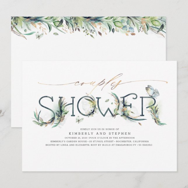 Grey och Guld Calligraphy Par Shower Inbjudningar (Fram/baksida)