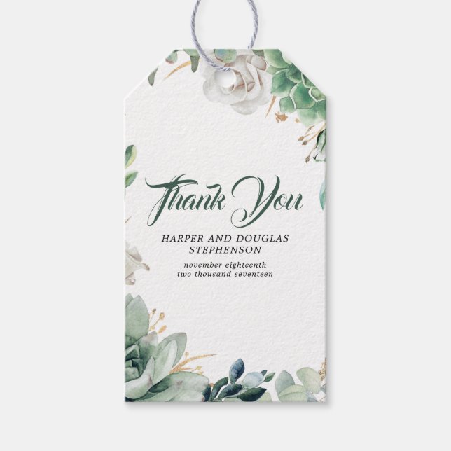 Grey och Guld Elegant Botaniska Bröllop Presentetikett (Framsidan)