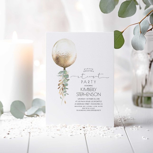 Grey och Guld Glitter Balloon Pension Party Inbjudningar (Gold Balloon and Greenery Minimalist Retirement Party Invitations)