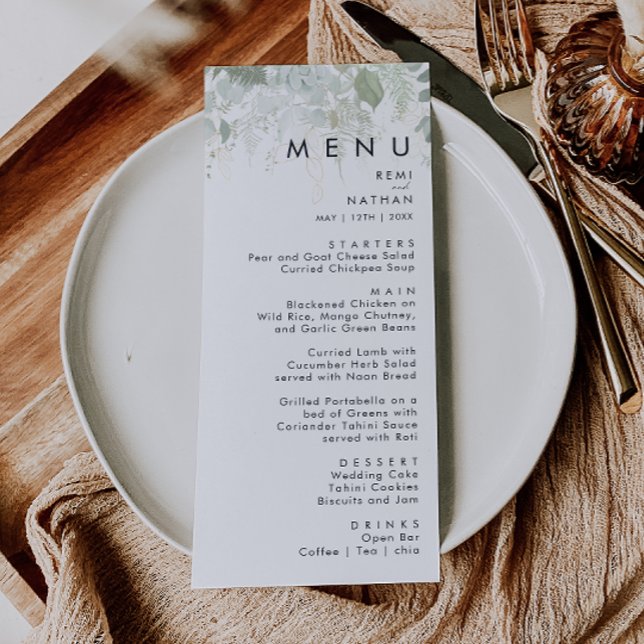 Grey och Guld Löv Bröllop Dinner Menu Meny (Skapare uppladdad)