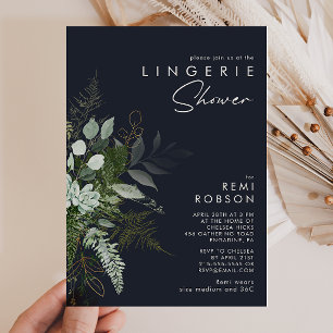 Grey och Guld Löv Mörk Navy Lingerie Shower Inbjudningar