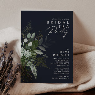 Grey och Guld Löv Mörk Navy Möhippa Tea Party Inbjudningar