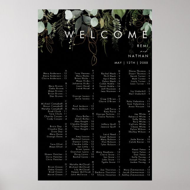 Grey och Guld Löv | Svart alfabetisk Poster (Framsidan)