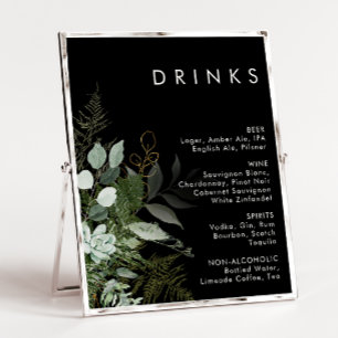 Grey och Guld Löv Svart Bröllop Drinks Menu Poster