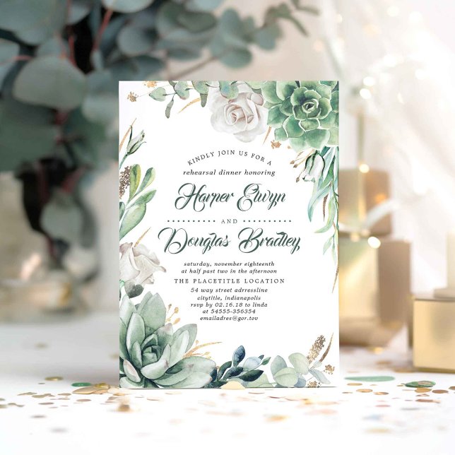 Grey och Guld | Rustic Garden Rehearsal Middag Inbjudningar (Succulents and White Flowers Elegant Rehearsal Dinner Invitations)