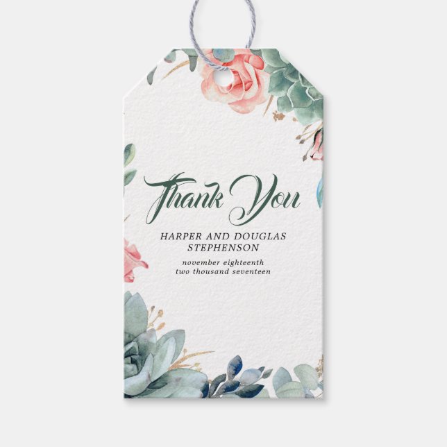 Grey och Rosa ros Elegant Botaniska Bröllop Presentetikett (Framsidan)