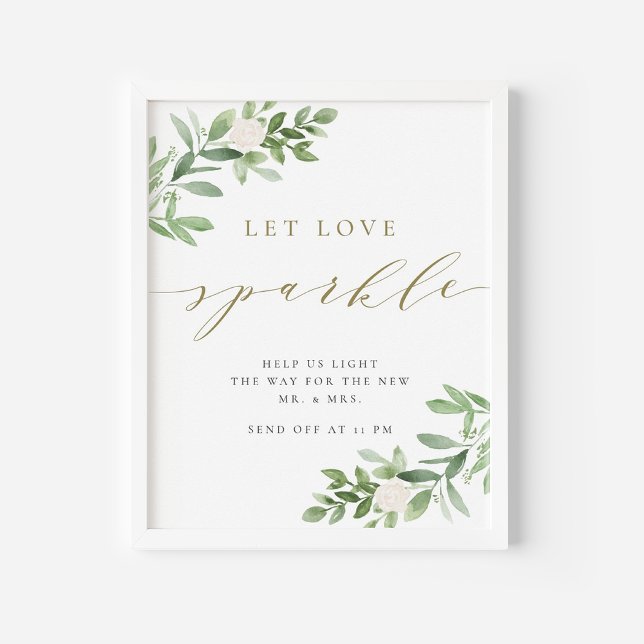 Grey och White Flower Let Kärlek Gnistra Bröllop Poster (Watercolor Greenery and White Flowers Let Love Sparkle Wedding Poster)