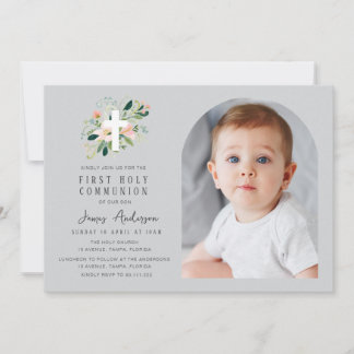 Grey photo arch first holy communion invitation inbjudningar