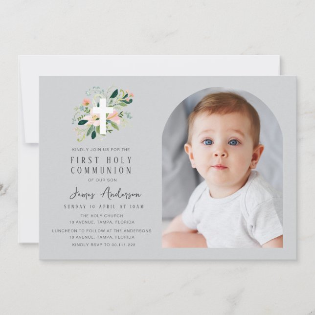 Grey photo arch first holy communion invitation inbjudningar (Framsida)