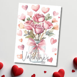 Grey pink rose jar Happy Valentines Day Julkort