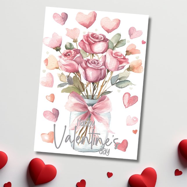 Grey pink rose jar Happy Valentines Day Julkort (Skapare uppladdad)