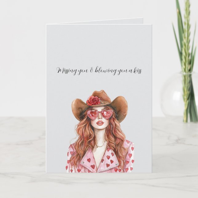Grey Red Head Lady Cowgirl Blowing You A Kiss Kort (Framsida)