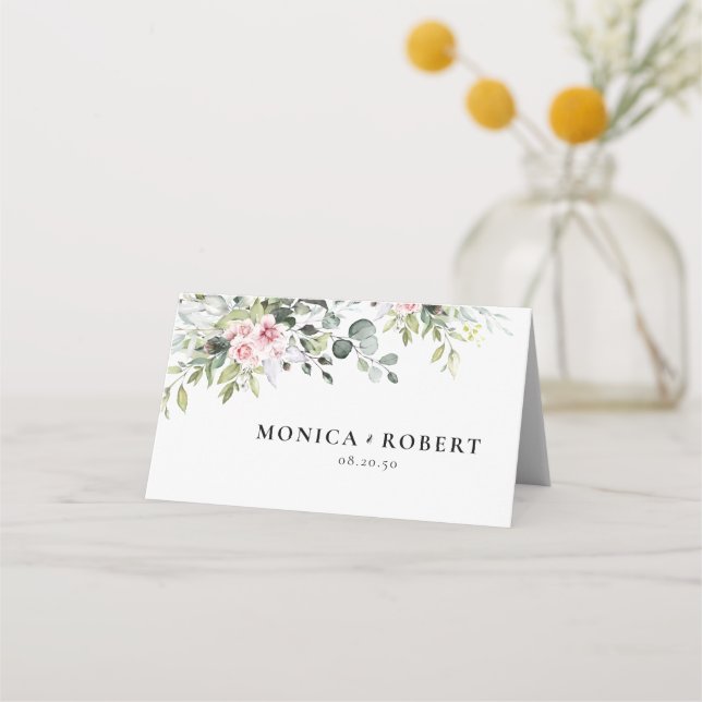 Grey Rosa ros Bröllop-mappade platskort Placeringskort (Framsida)