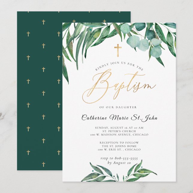 Grey Rustic Eucalyptus Faux Guld baptism Inbjudningar (Fram/baksida)