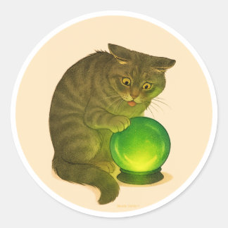 Grey Shorthair cat with green crystal ball Runt Klistermärke