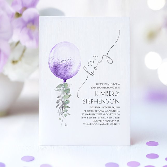 Grey Silver och Lila Balloon Baby Shower Inbjudningar (Purple Boy Baby Shower Invitation)