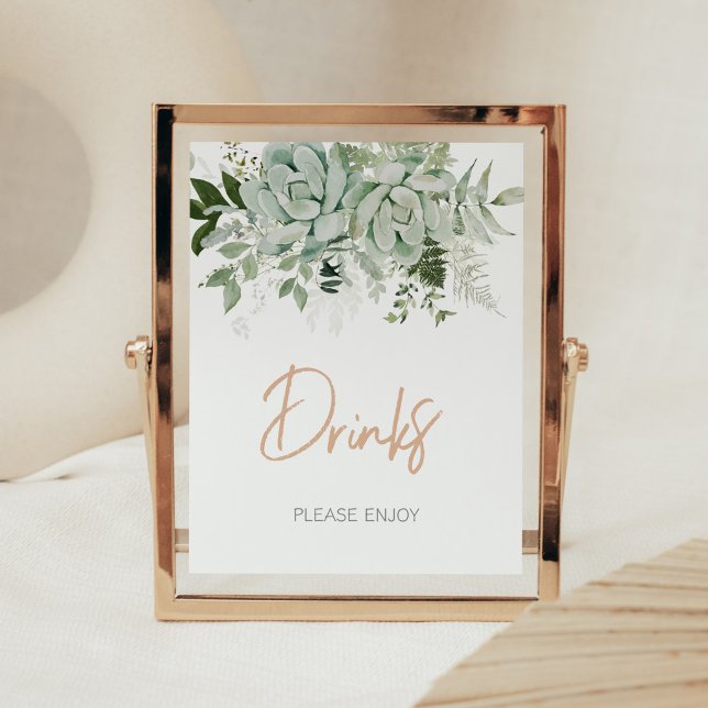 Grey Succulents Baby Shower Drinks Poster (Succulent Gender Neutral Baby Shower Drinks Sign)