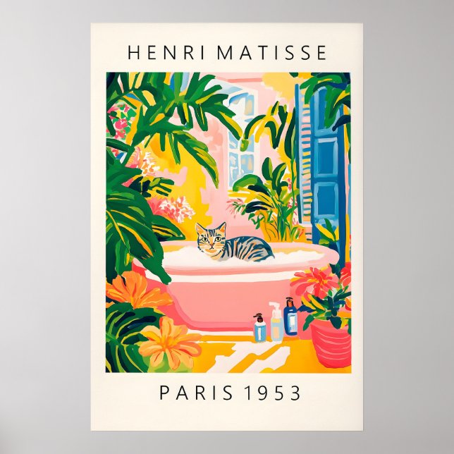 Grey Tabby Cat Bath Art Print Matisse Style Poster (Framsidan)